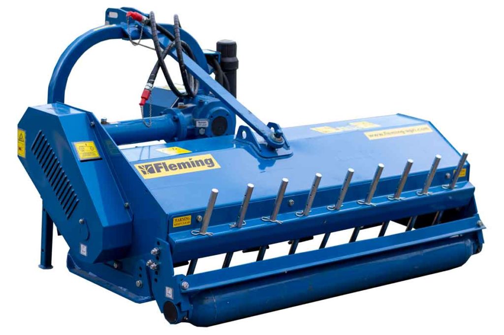A blue Fleming Flail Topper 1.75m machine with a handle on it. The product name is "Fleming Flail Topper 1.75m".