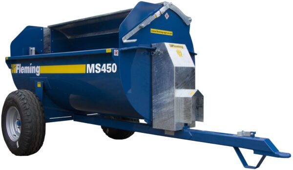 A blue and yellow Fleming MS450 Muck Spreader trailer.