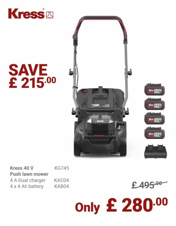 KRESS 40V 37CM cordless brushless push lawn mower KG745 BUNDLE DEAL