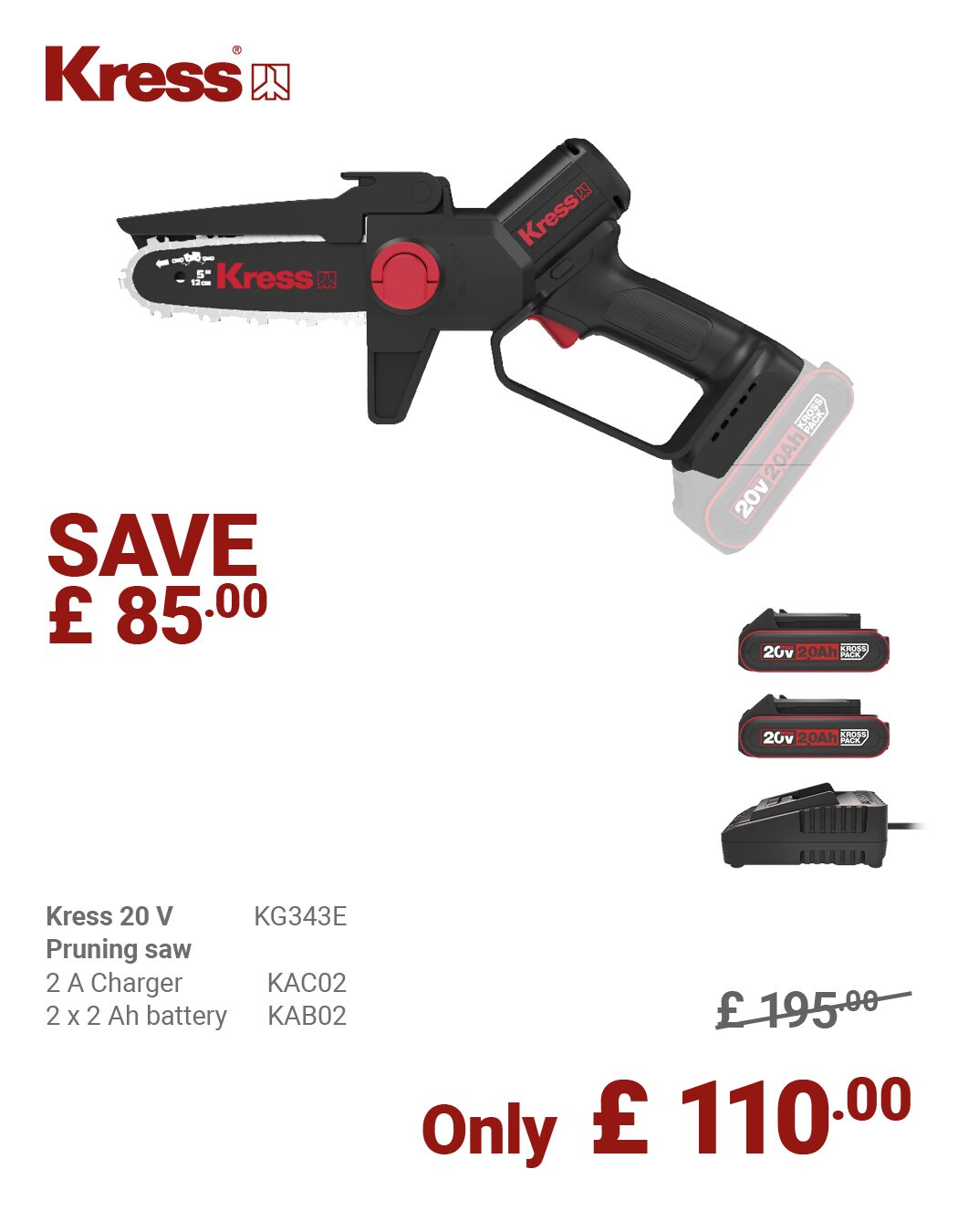KRESS 20V 21CM one-hand chainsaw KG343E BUNDLE DEAL