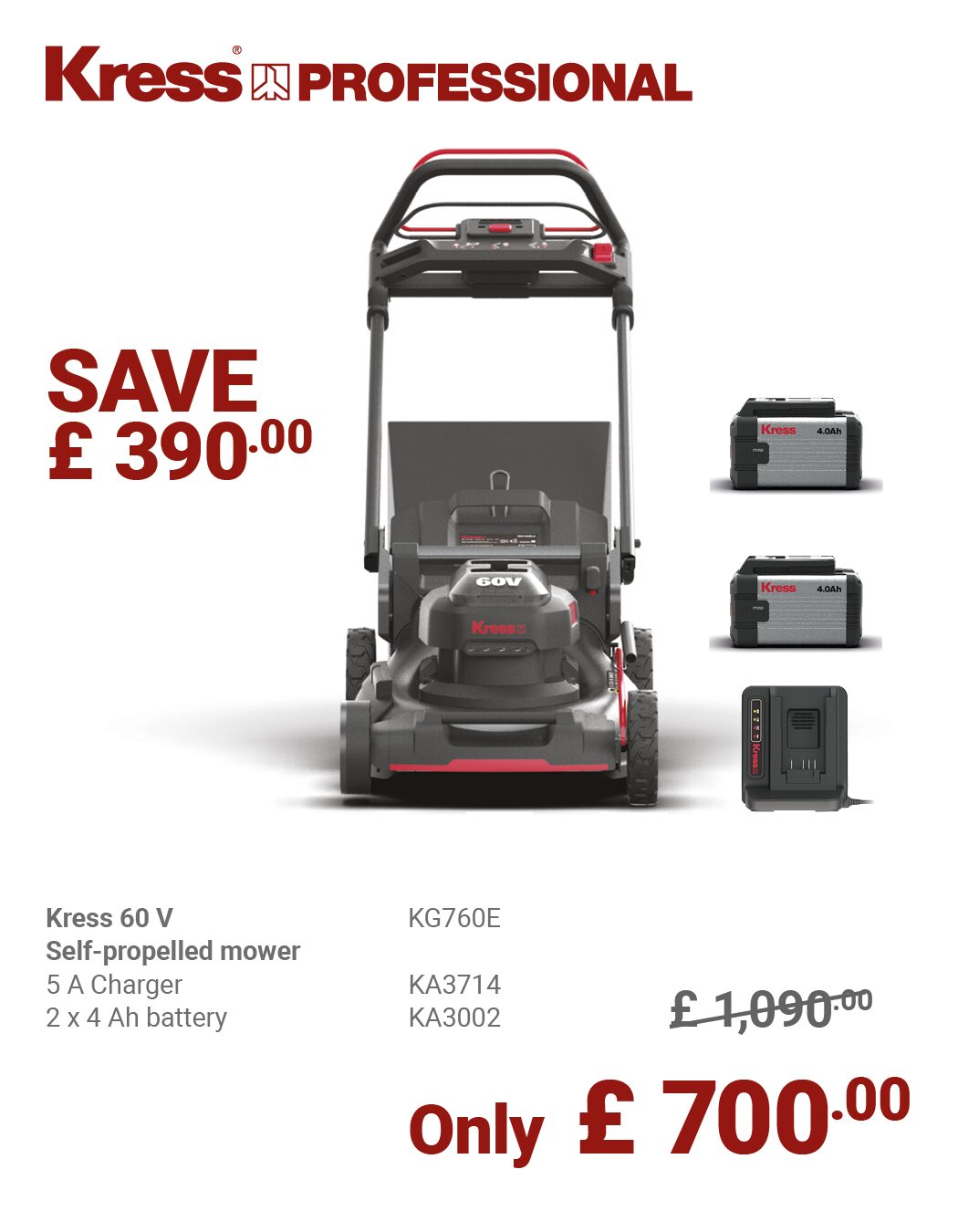 KRESS 60V 51CM Brushless Self-Propelled Mower KG760E BUNDLE DEAL